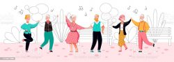 Old people dancing in park - cartoon senior couples doing dance moves to music outdoors. Flat banner of elderly friend group of dancers, vector illustration.